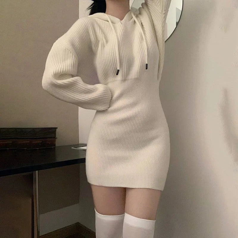 White Thick Knit Hooded Mini Dress - Korean Elastic High-Waist Bandage Long Sleeve Slim Fit