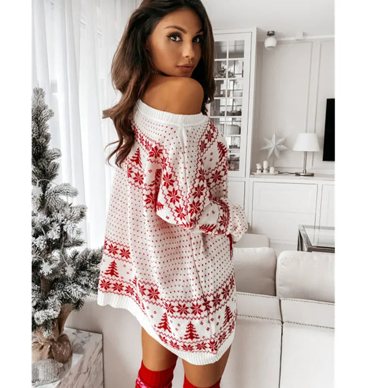 Women's Christmas Knit Sweater Dress - Long Sleeve Mini Holiday Party Dress, Warm Polyester