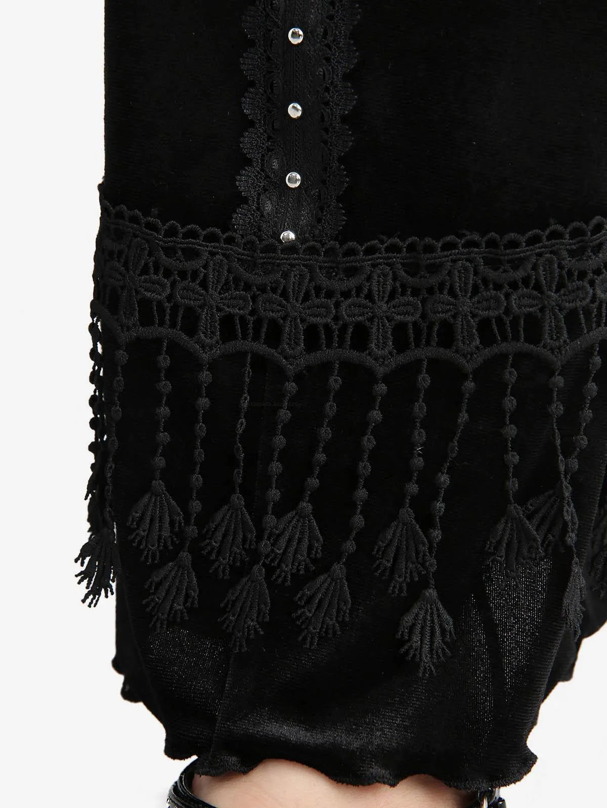 ROSE GAL Plus Size Gothic Mesh Rose Lace Applique Flare Pants — High-Waist Velvet Tassel Patchwork