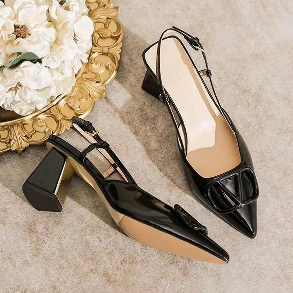 Women’s Pointed Toe Slingback Sandals – Square Mid Heel 5-8 cm (2.0-3.1 in), PU Platform Ankle Strap