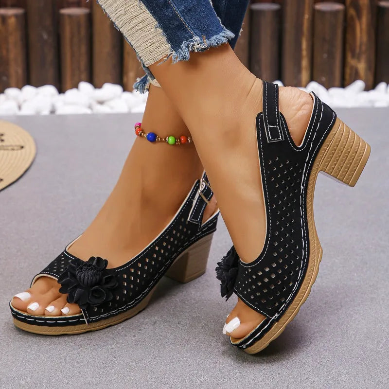 Women's Floral Cutout Mid Block Heel Sandals - Pointed Toe, Buckle Ankle Strap, Comfortable Latex Foam Insole