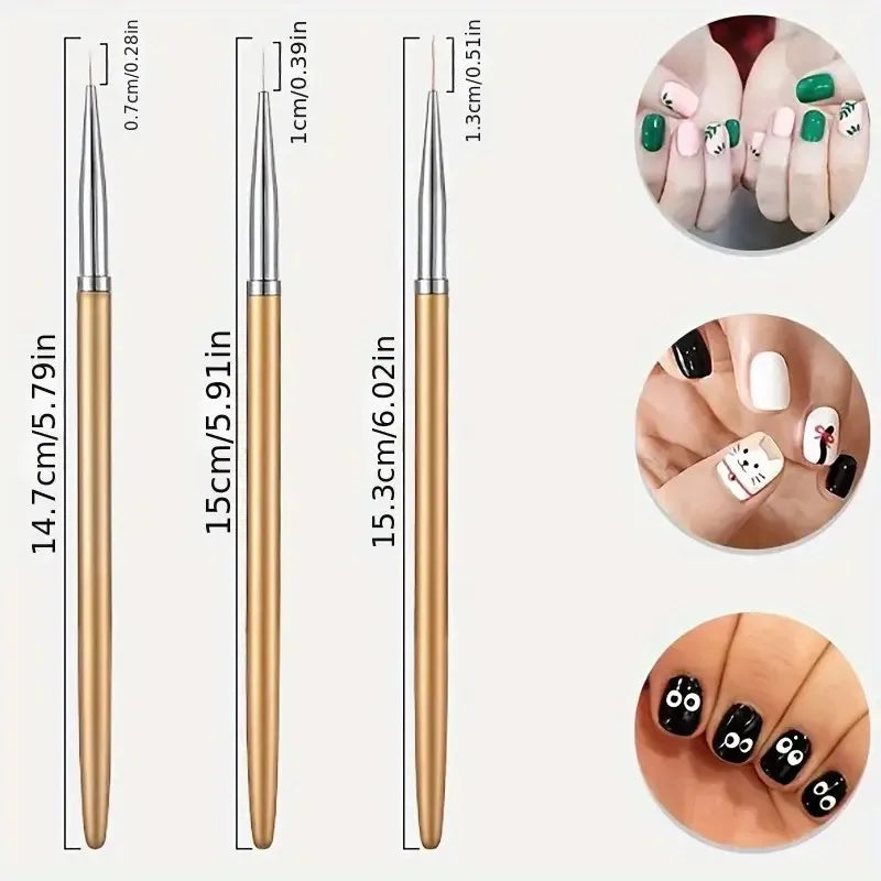 3-Piece Nail Art Brush Set – Nail Gel Extension, French Stripe & Eyeliner Brushes with Zinc Alloy Handles
