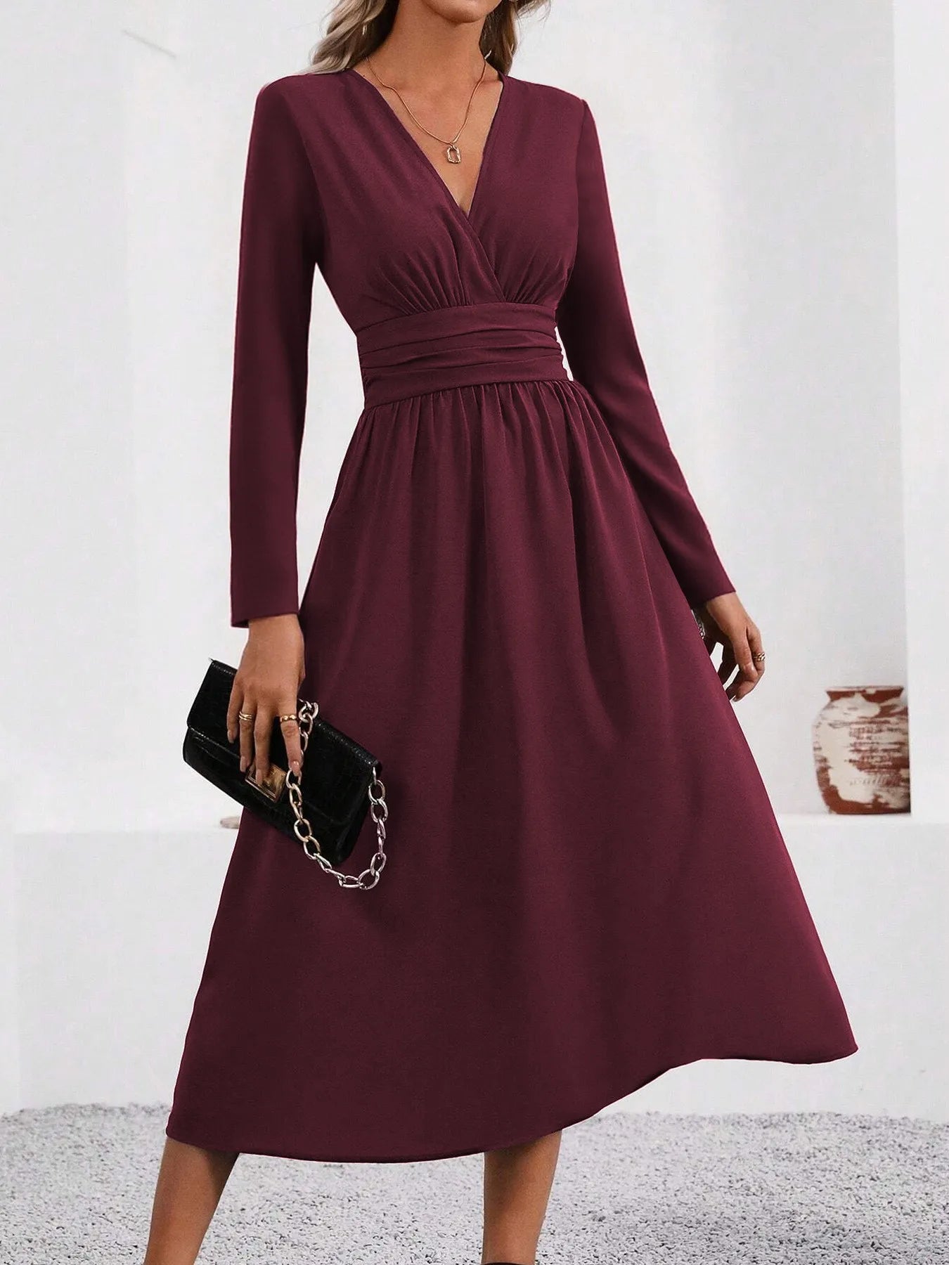 Women's Knit V-Neck Long Sleeve Midi Maxi Dress with Shirred Waist - Fall/Winter Solid Color