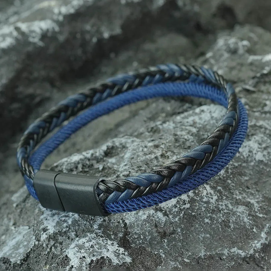 Men's Double-Layer Braided Leather Bracelet with Detachable Magnetic Buckle & Chain - Hiphop Street Armband