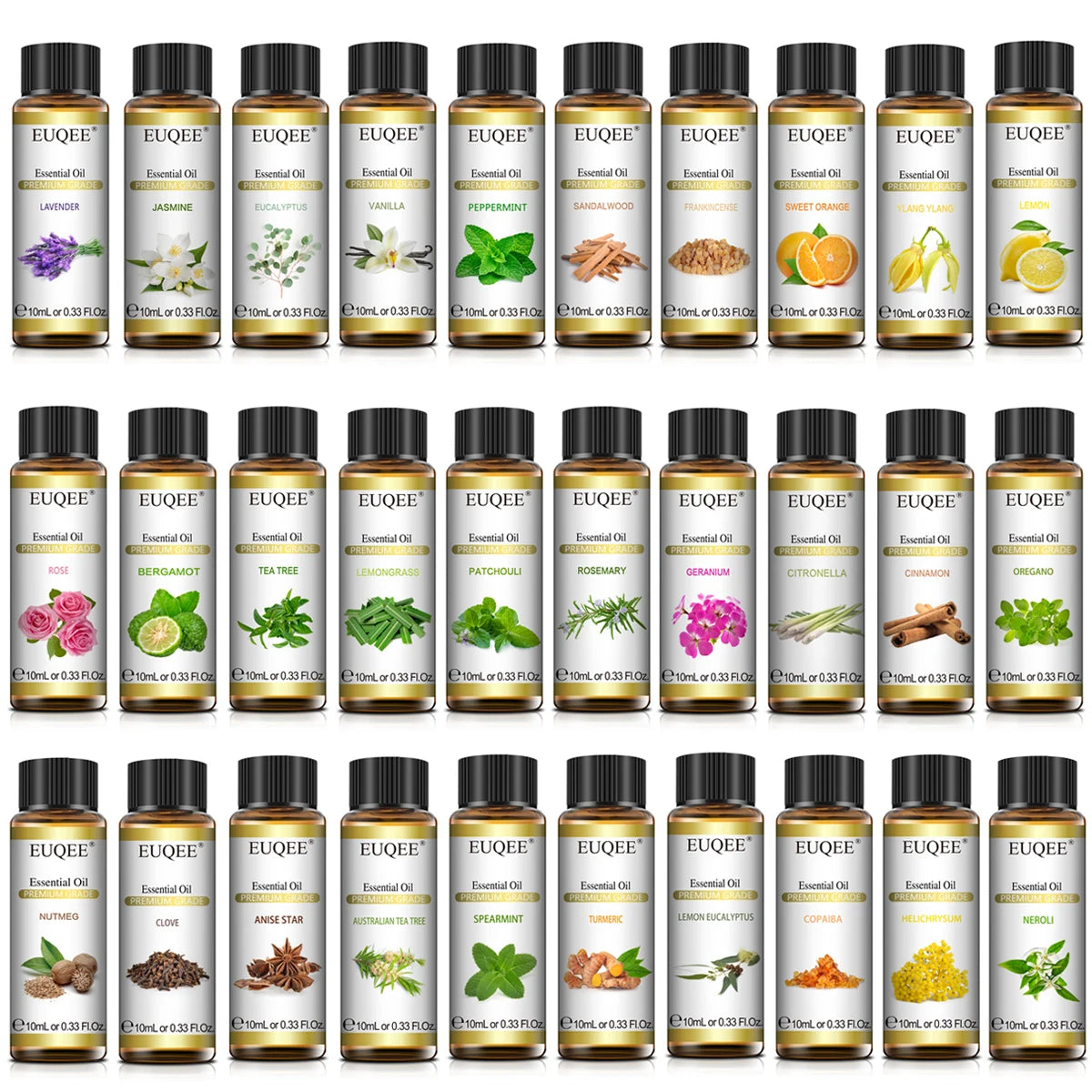 EUQEE 10ml Pure Essential Oil - Lavender, Jasmine, Eucalyptus, Vanilla, Sandalwood, Sweet Orange, Lemon, Oregano, Neroli