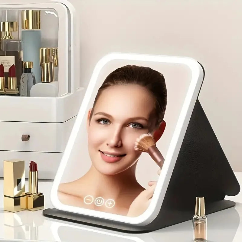 Portable Rechargeable Lighted Makeup Mirror, 3-Color Dimmable Touchscreen LED Vanity Mirror, Foldable Tabletop for Travel