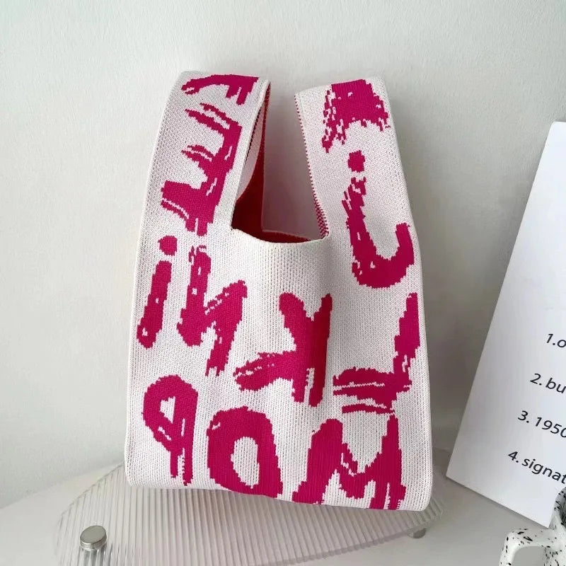 Handmade Knitted Knot Wrist Bag - Striped Mini Tote for Women, Large-Capacity Phone Bucket, Autumn Winter Casual