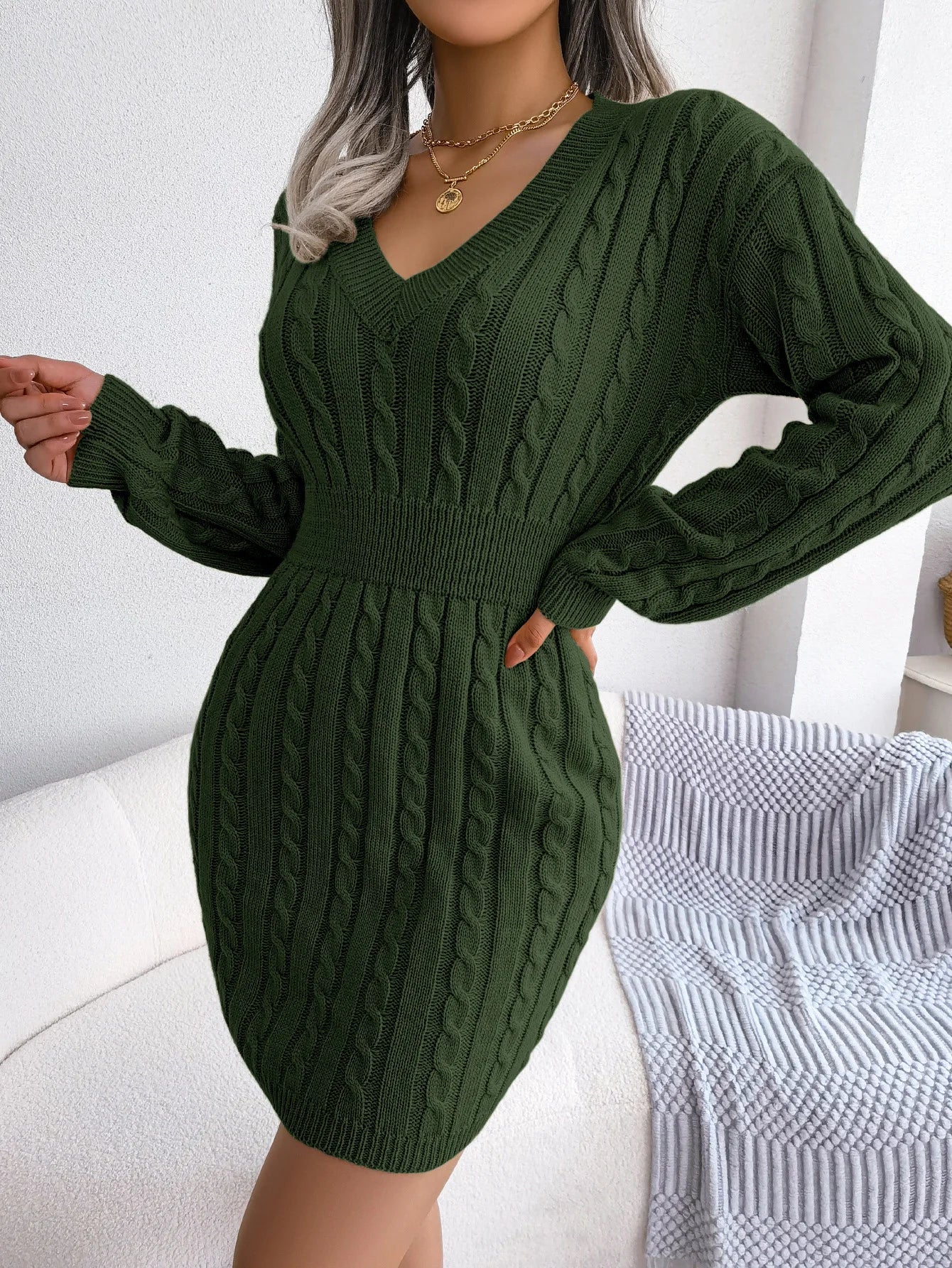 VigoCasey V-Neck Long Sleeve Knit Dress – Women's Autumn/Winter Solid Bodycon A-Line Ankle-Length