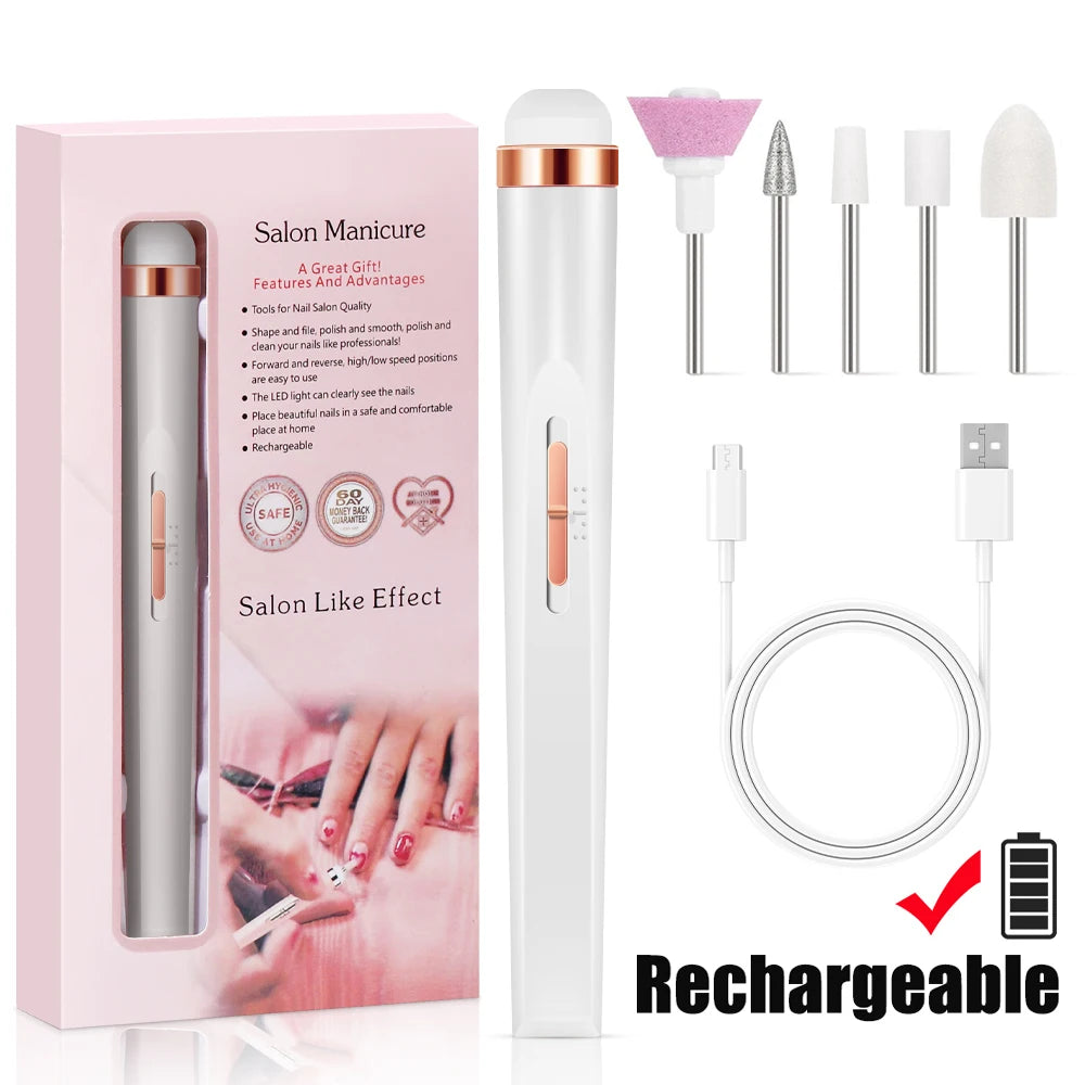 Portable USB Rechargeable Electric Nail Drill Kit – LED Light, 4-Speed Adjustable Manicure Set with Multiple Attachments