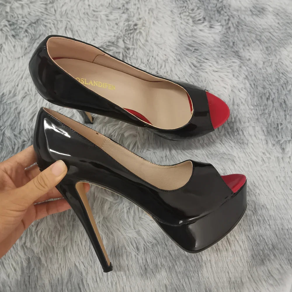 Women Platform Peep Toe Pumps 14cm (5.5 in) Thin Stiletto Patent Leather Party & Wedding Heels