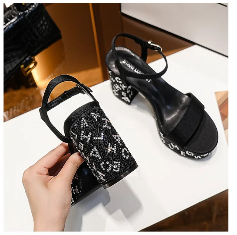 Women's Sequin Rhinestone Crystal High-Heel Pumps – Bling Wedding & Party Square-Heel Dress Shoes