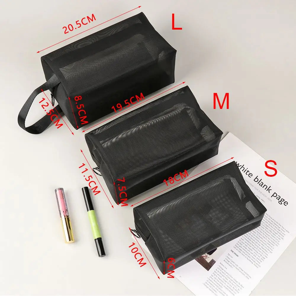 Black Mesh Travel Cosmetic Bag – Zipper Makeup & Toiletry Organizer for Women