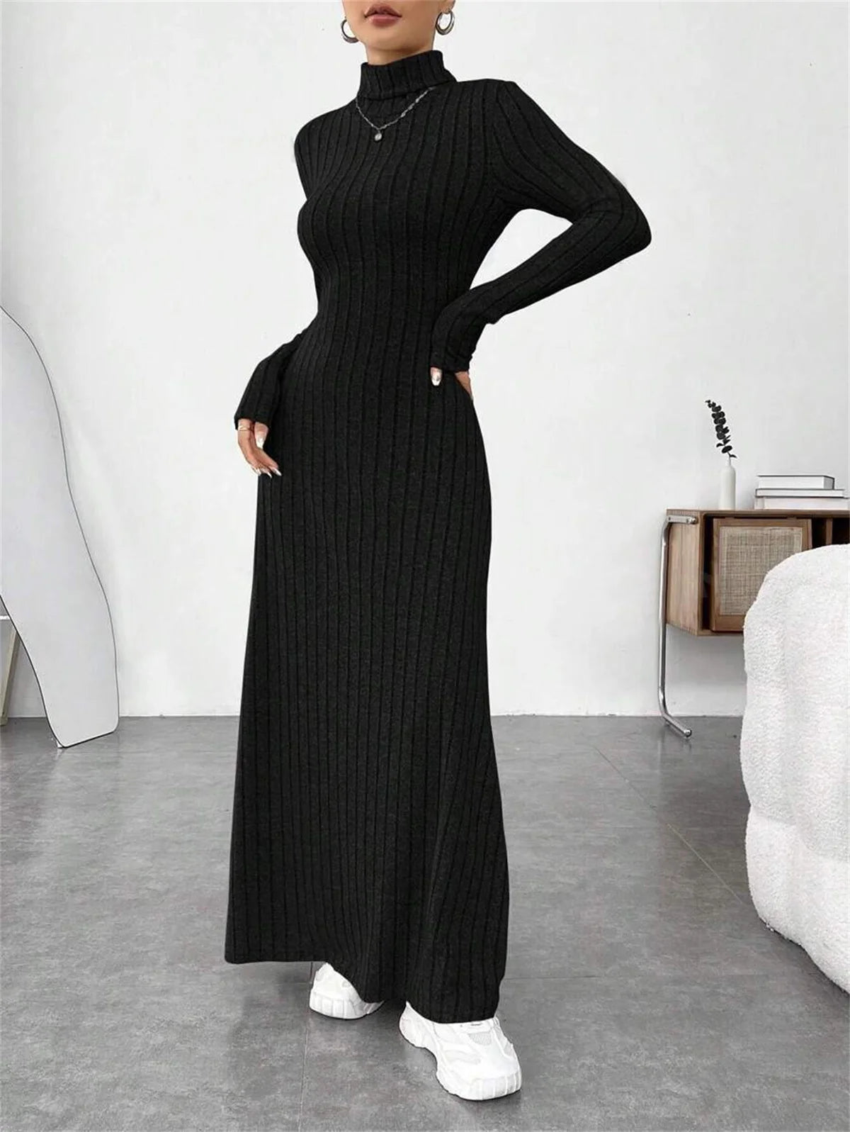 Knitted Turtleneck Long Sleeve Dress for Women - Vintage Slim Ankle-Length Knit, Autumn/Winter Casual Y2K