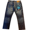 Retro Embroidered Wing-Pocket Boot-Cut Jeans for Women – Mid-Rise Blue Wide-Leg Streetwear Harajuku Gothic