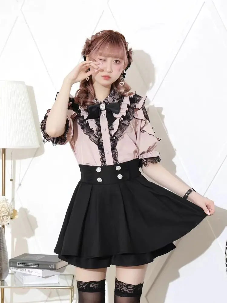 Noemi-Inspired Ruffle Bow Off-Shoulder Lace Blouse — Yami Kawaii Lolita Bell Sleeve Top
