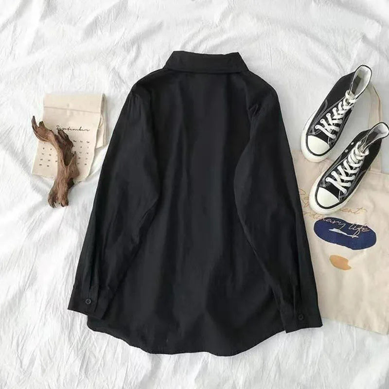 Women's Black & White Preppy Button-Up Blouse - Loose Harajuku JK Long Sleeve Shirt