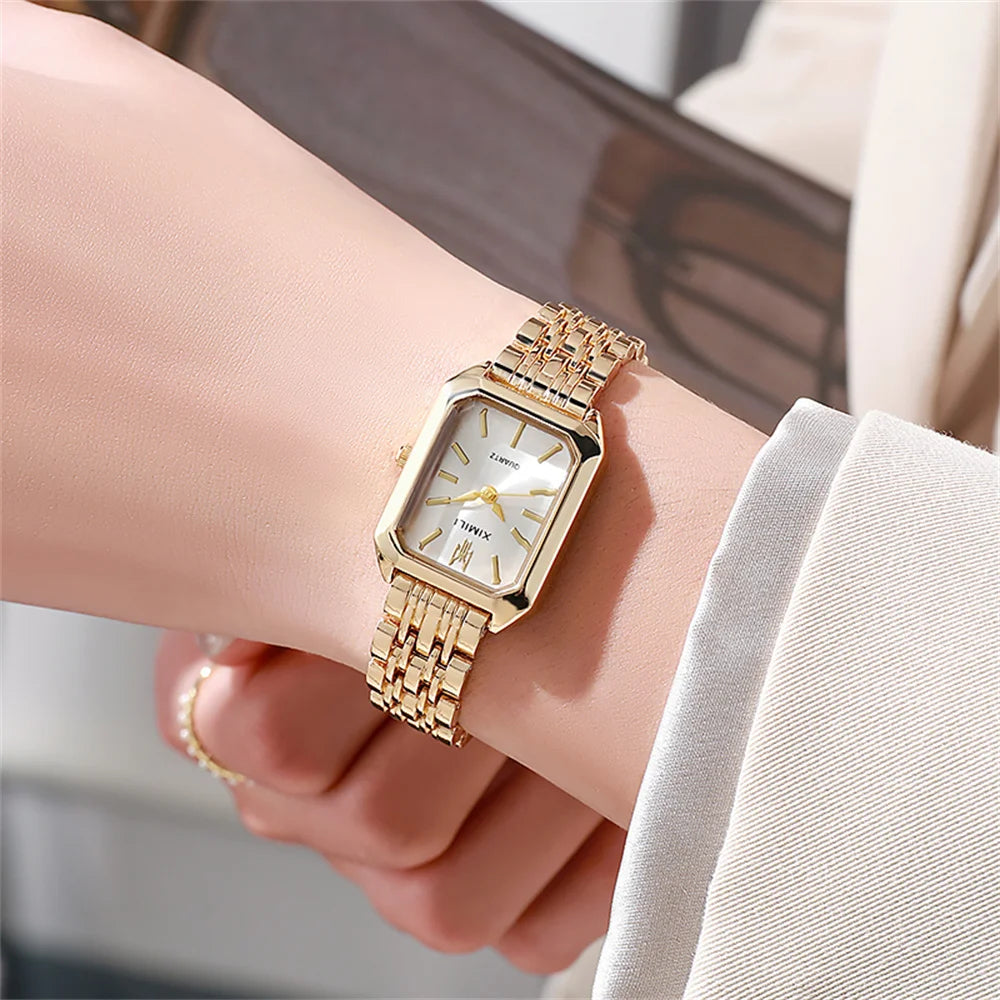Gold Plated Rectangular Women's Quartz Watch — 2.2×3.0 cm (0.87×1.18 in) Dial, Stainless Steel Bracelet
