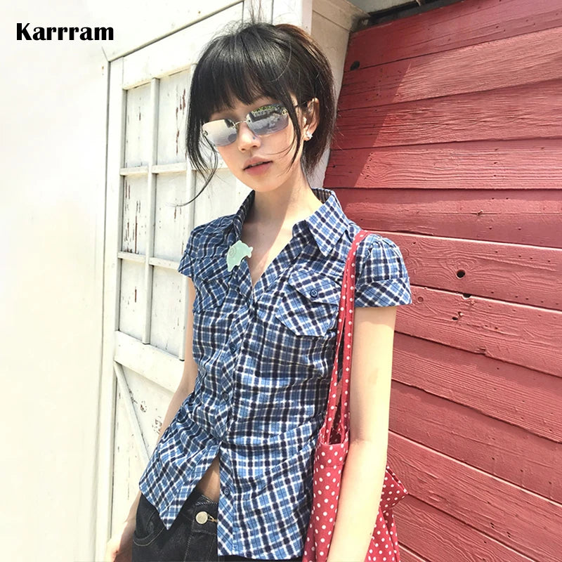 Y2K Plaid V-Neck Short Sleeve Shirt Harajuku Korean Vintage Blouse for Women