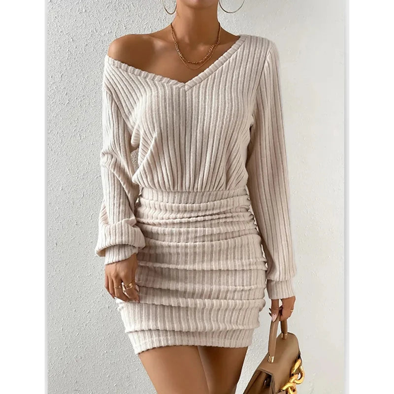 Women's Knit Sweater Mini Dress V-Neck Long Sleeve Bodycon Casual Warm