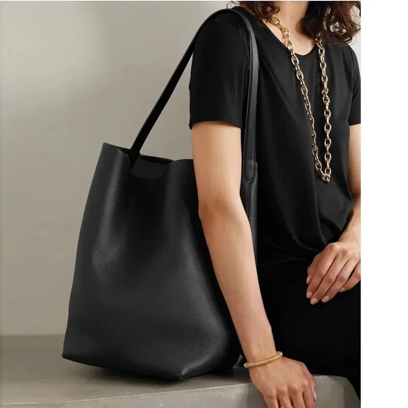 Leather Large Capacity Bucket Bag Lychee Pattern Cowhide Commuter Tote Shoulder Handbag for Women