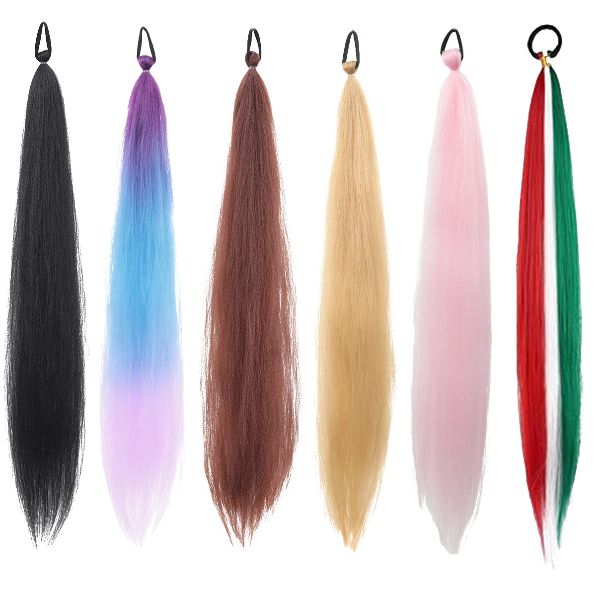 Christmas Color Braid Ponytail Extension with Elastic Tie - Straight Sleek Tube Wrap, Heat-Resistant Synthetic Hair