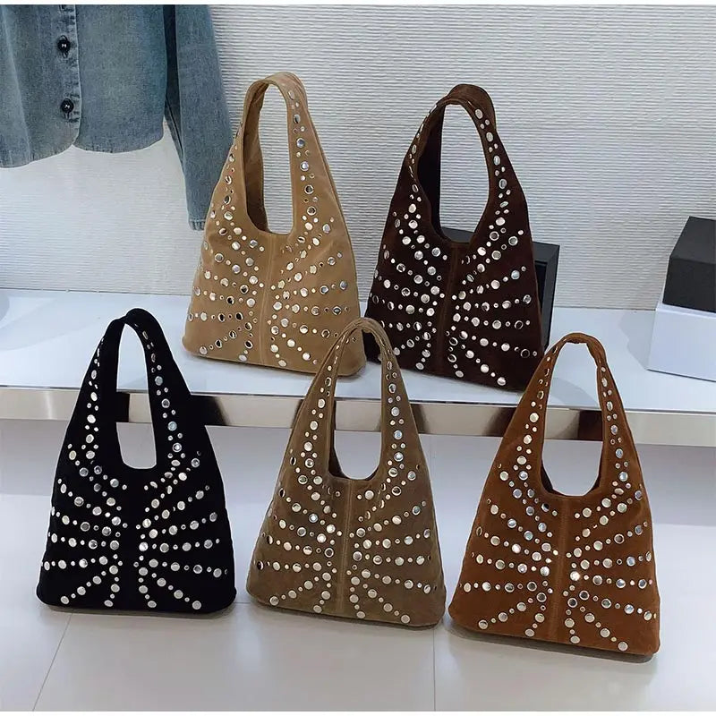 Women's Punk Metal Rivet PU Suede Bucket Shoulder Bag Underarm Tote Motorcycle Chic