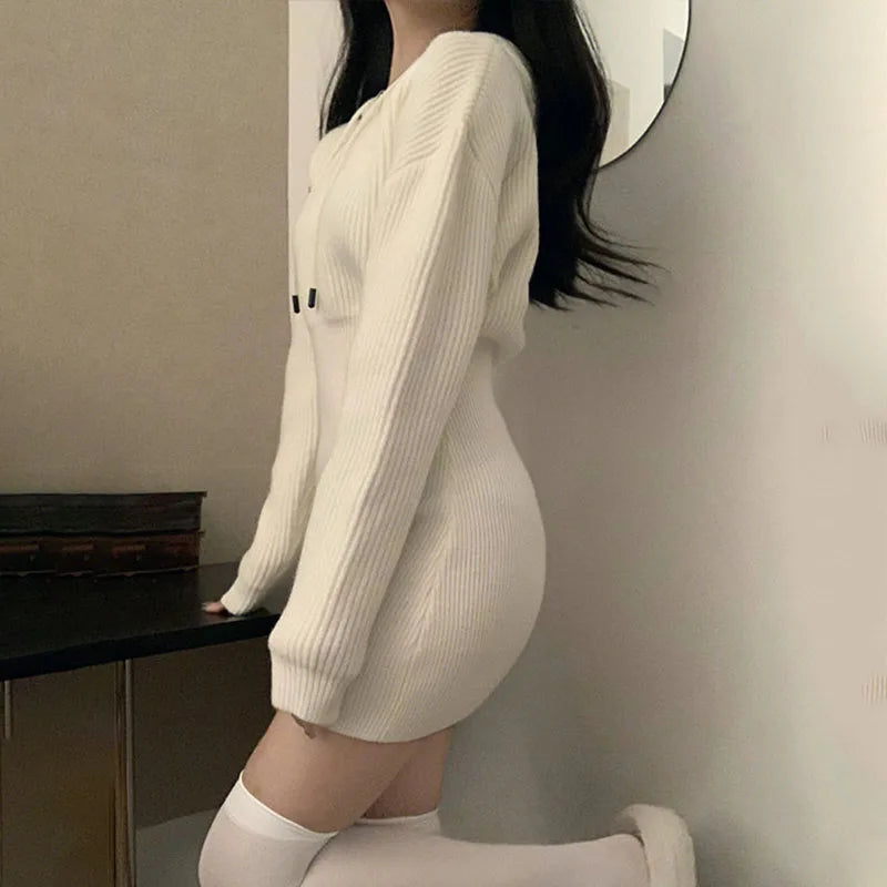 White Thick Knit Hooded Mini Dress - Korean Elastic High-Waist Bandage Long Sleeve Slim Fit