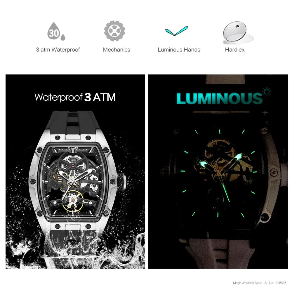 MEGIR Automatic Mechanical Men's Skeleton Watch 40-44mm (1.57-1.73 in) Stainless Steel Tonneau Case Silicone Strap 3ATM Water Resistant