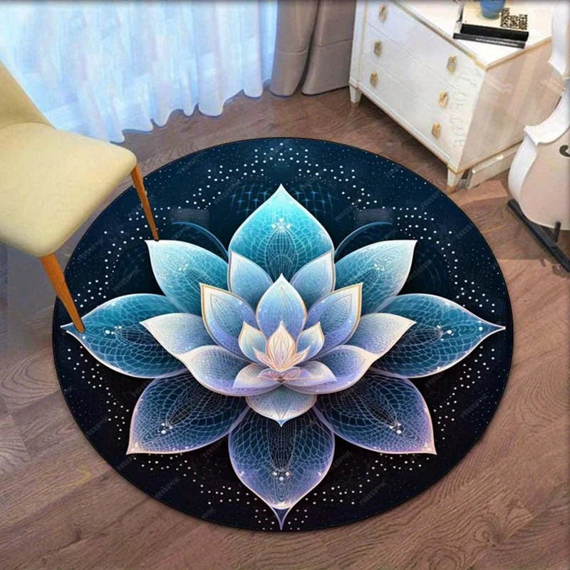 Blue Lotus Round Velvet Crystal Rug - Yoga & Meditation Mat, Non-Slip Flannel Floor Decor