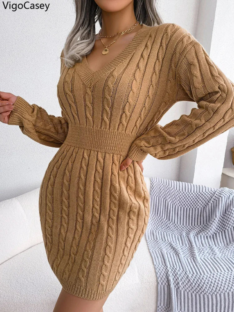 VigoCasey V-Neck Long Sleeve Knit Dress – Women's Autumn/Winter Solid Bodycon A-Line Ankle-Length