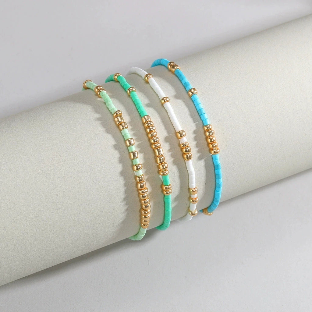 Boho Seed Bead Stretch Bracelet Set - 4-Pack Gold Elastic Bangles for Women, Handmade Geometric Summer Jewelry