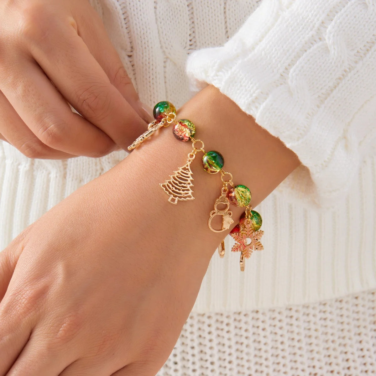 Christmas Charm Bracelet Unisex — Snowflake Santa Snowman Reindeer Bell Crystal Beads Holiday Gift