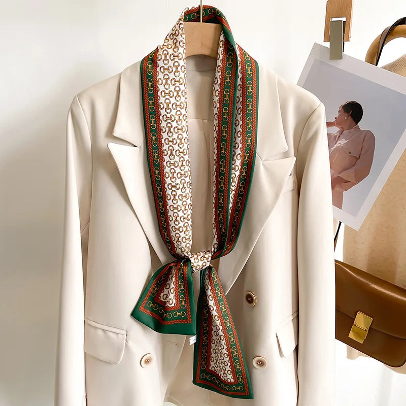 Women's Silk-Feel Printed Long Narrow Scarf 12 x 148 cm (4.7 x 58.3 in) - 50+ Colors | Headband & Shawl