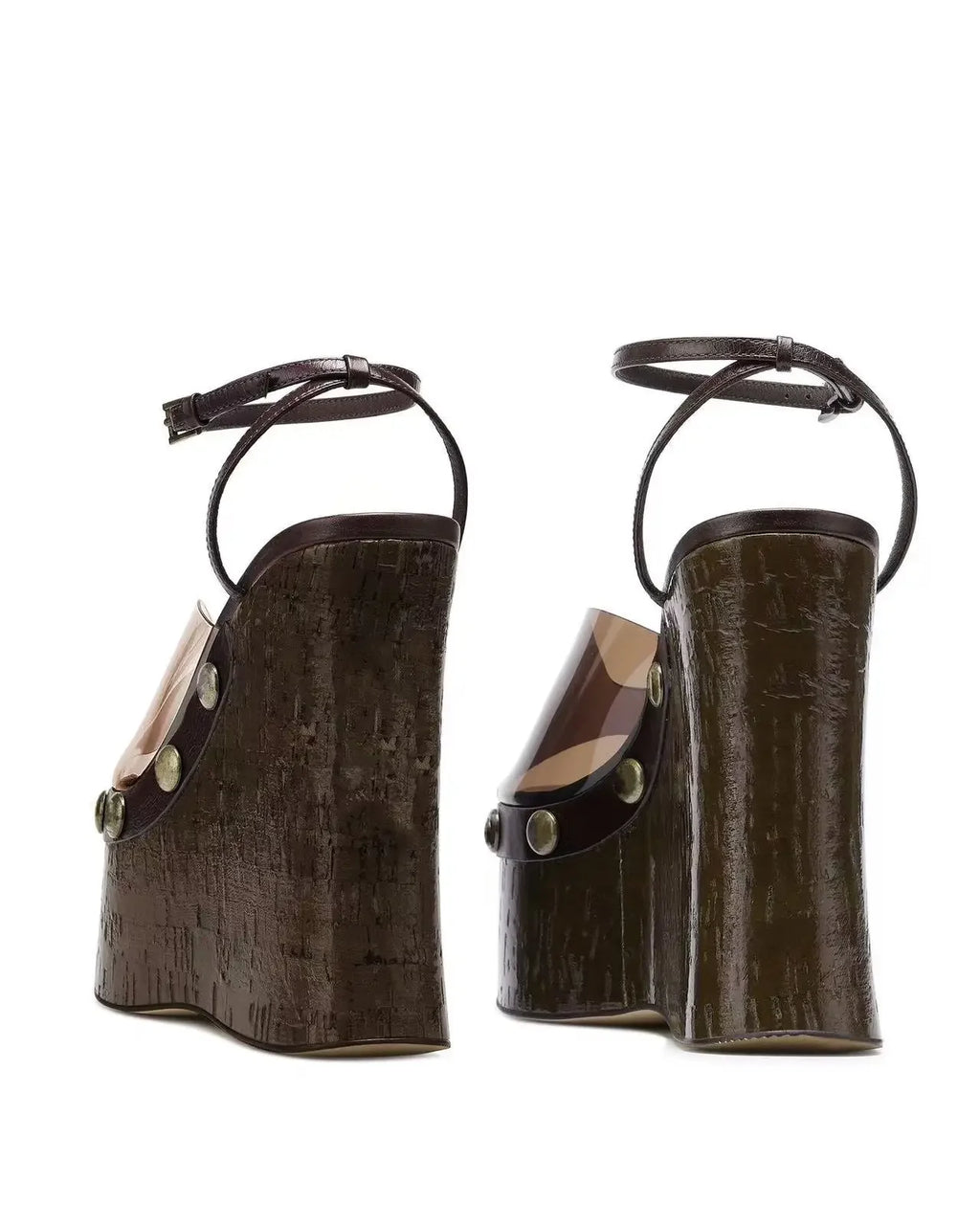 Women's Woodgrain Chunky Sandals – Square Block Heel 14 cm (5.5 in), Waterproof, Rivet & Rhinestone Accents, Metal Buckle