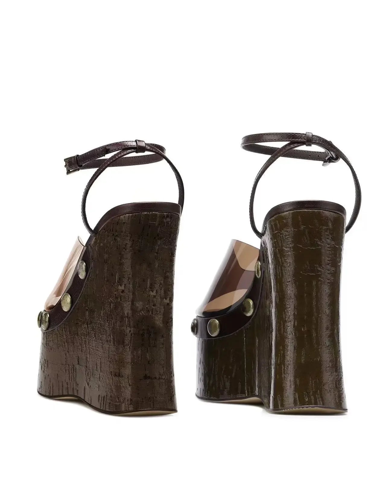 Women's Woodgrain Chunky Sandals – Square Block Heel 14 cm (5.5 in), Waterproof, Rivet & Rhinestone Accents, Metal Buckle