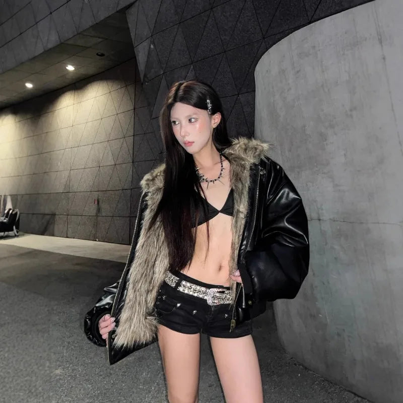 Women's Hooded Faux Fur Patchwork Coat – Short Shaggy Leather-Trim Warm Winter Jacket