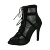 Women's Mesh Peep Toe Ankle Strap Heels Cross-Tied Hollow Summer Sandals Black