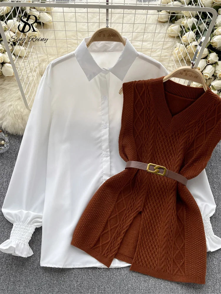 Women’s Office Knit Vest + Lantern Sleeve Blouse Set — Warm Thick Pullover Suit