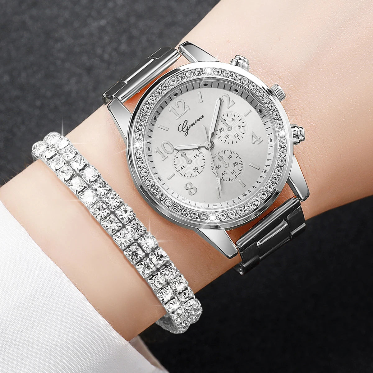 Women's Silver Stainless Steel Quartz Watch with Diamond-Accent Bracelet — 38mm