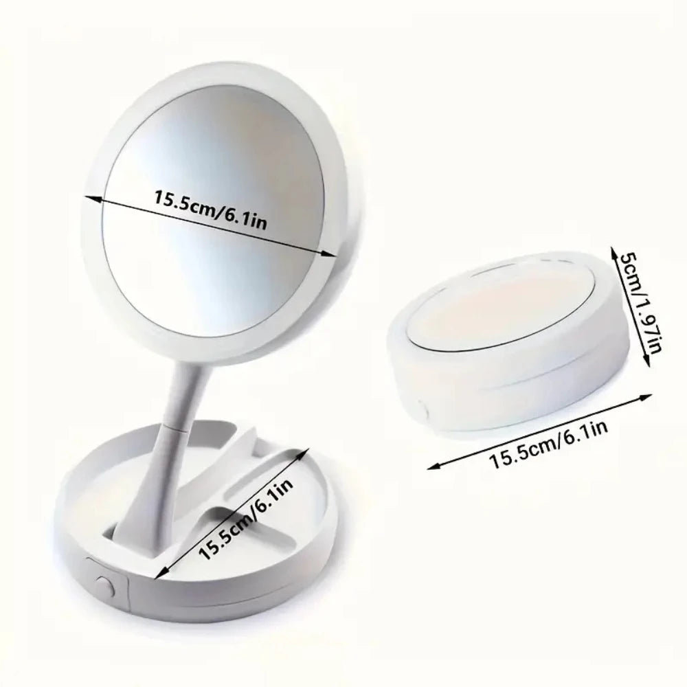 Foldable LED Vanity Mirror - Dual-Sided 1X/10X Magnification, Adjustable Brightness, Compact White Makeup Mirror