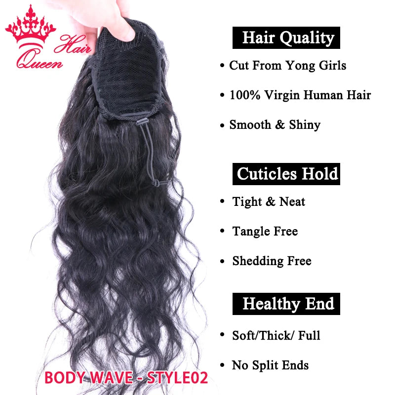 Clip-In Drawstring Human Hair Ponytail – 100g (3.5 oz) Brazilian Virgin Hair, Straight & Body Wave