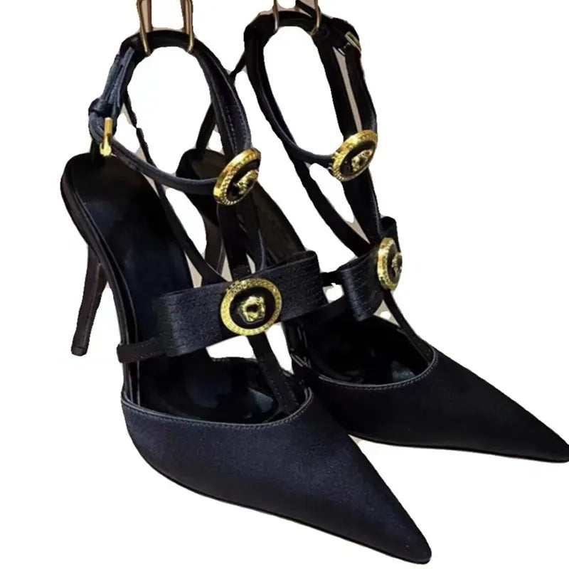 Bow Tie Pointed Toe Thin Heel Sandals for Women, Roman Straight Strap, 2.0-3.1 in (5-8 cm) Heel