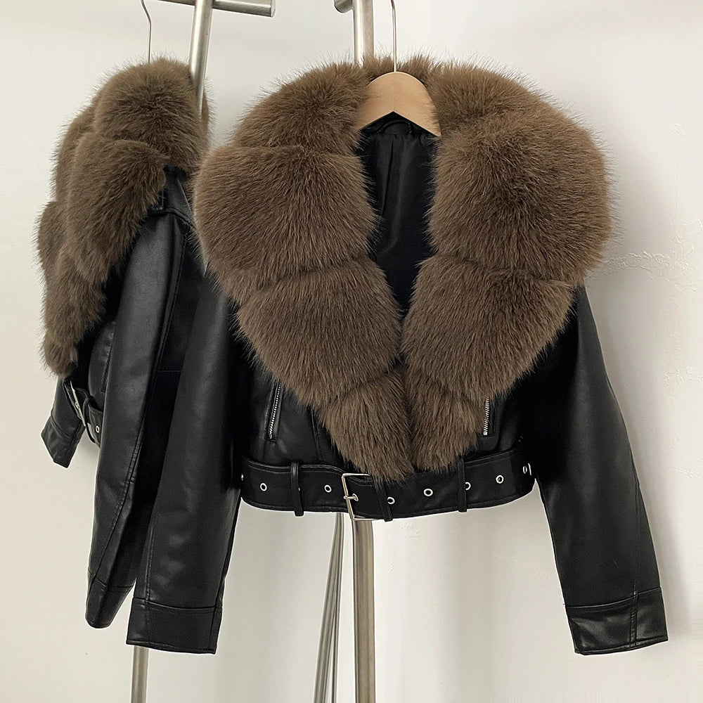 Women's Faux Leather Jacket with Detachable Faux Fur Collar - Short Zipper Coat with Pockets