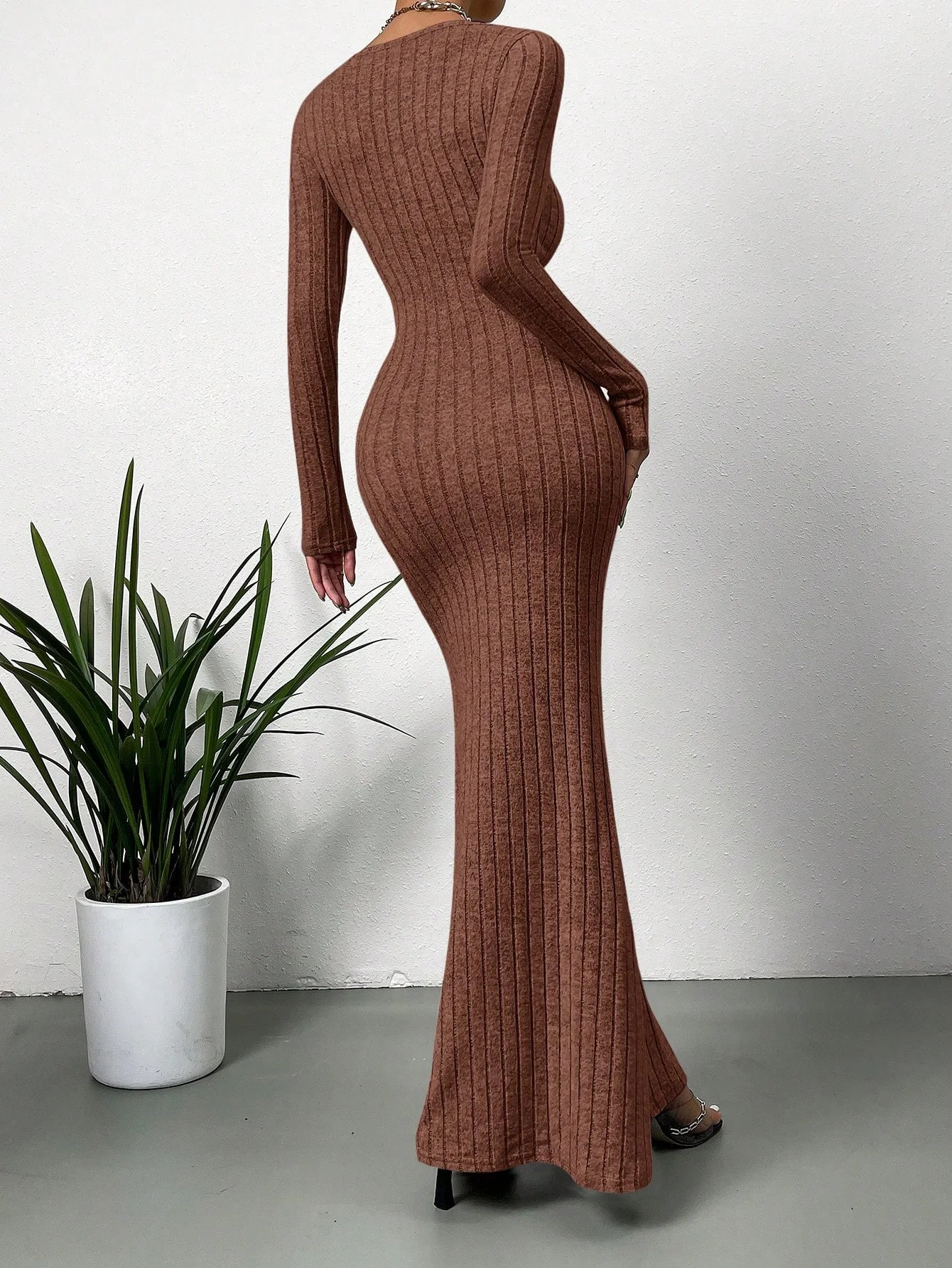 Women's Square Neck Mid-Length Knit Dress Slim Fit Long Sleeve Wrap Retro Fall Casual