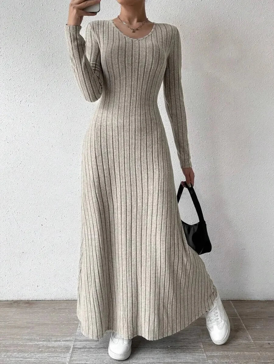 Knitted Long-Sleeve A-Line Dress — Slim Fit Solid Color Ankle-Length Streetwear for Women