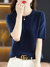 Women's Short-Sleeve Knit O-Neck Pullover - Wool-Cotton Blend Lightweight Summer Top