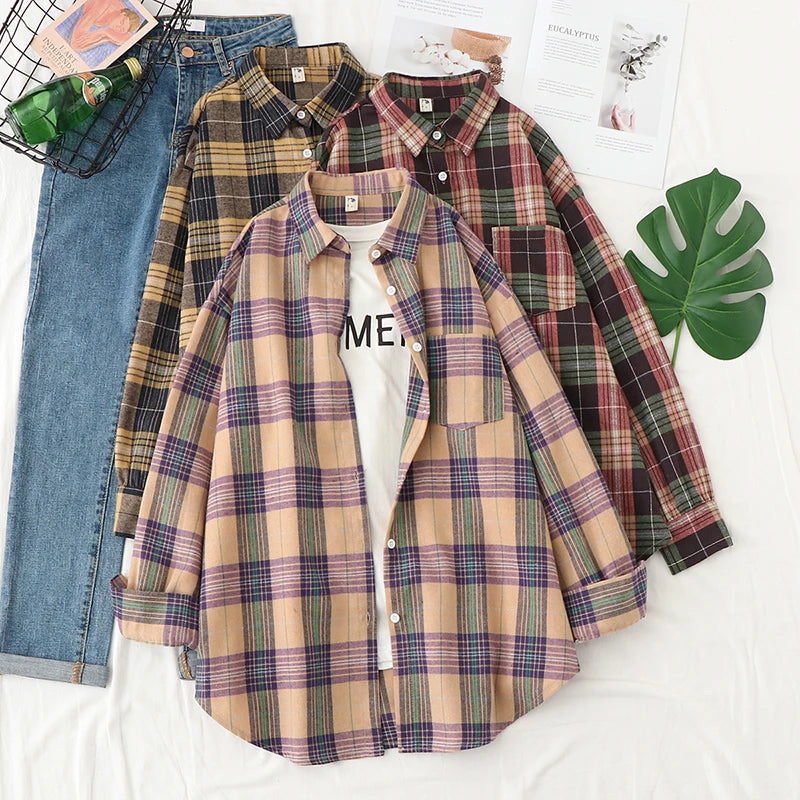 Women's Casual Loose Plaid Flannel Shirt - College Style Long-Sleeve Button-Up Blouse