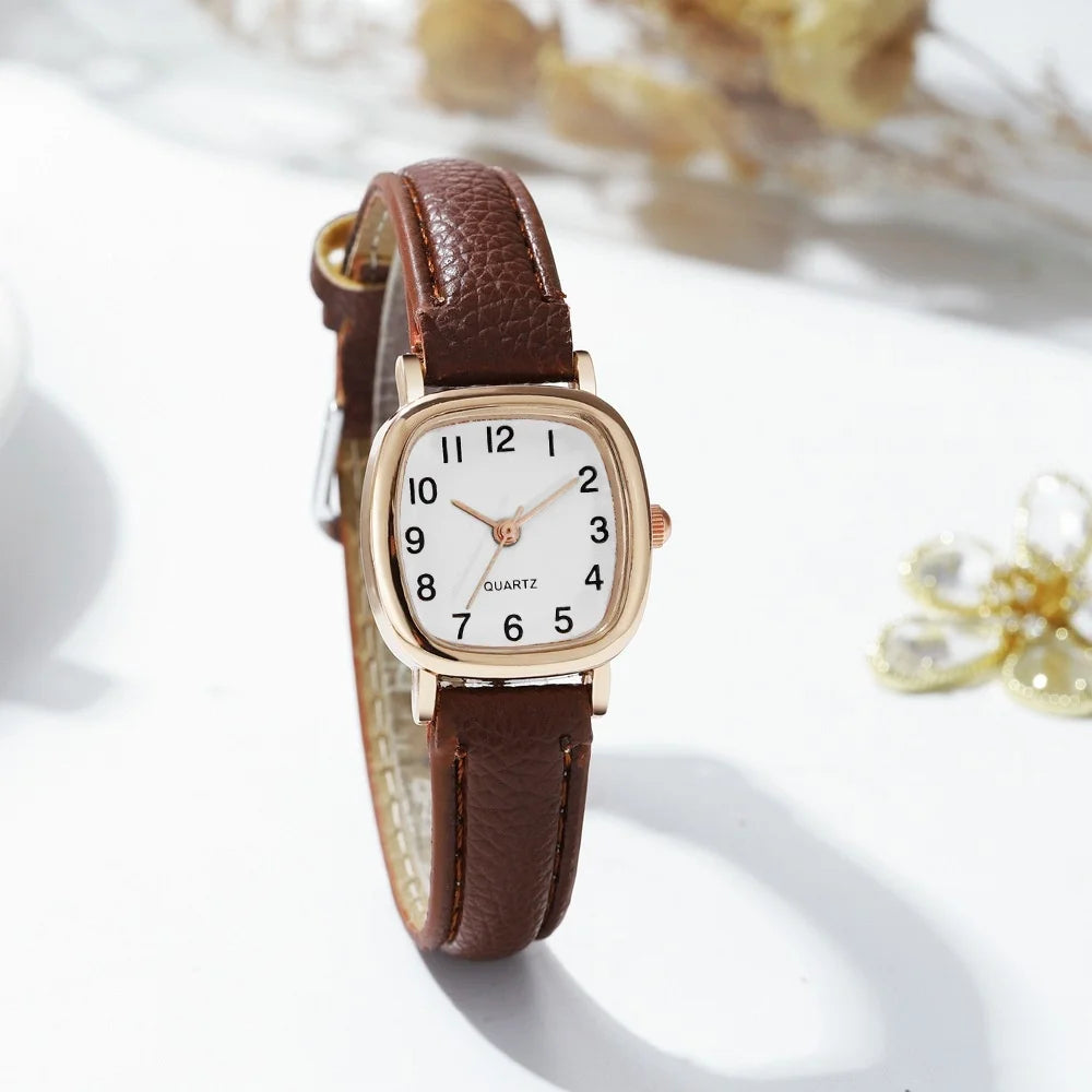 Women's Small 23mm Quartz Watch Leather Strap Arabic Numerals Fashion Wristwatch