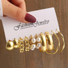 Gold Geometric Pearl Earrings Set — Vintage Metal Square & Round Dangle Studs for Women, Trendy Party Jewelry