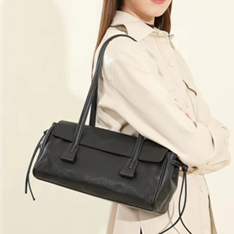 Genuine Cowhide Leather Women's Shoulder Bag Large Capacity Black Baguette Handbag with Long Strap